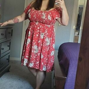 ⬇️PRICE DROP 🆕RED FLORAL CHALLIS SMOCKED MINI SKATER DRESS
